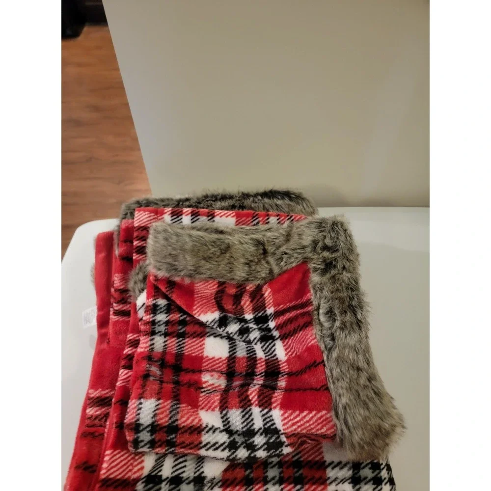 Red Plaid Throw & Pillow Cover With Fury Trim